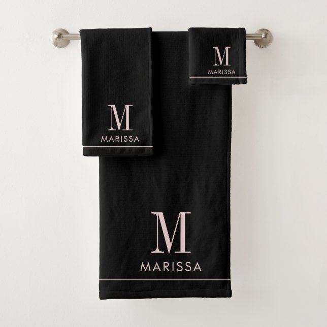Elegant Monogram Blush Pink Name Black Bath Towel Set (Insitu)