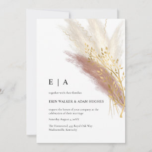 Elegant Monogram Boho Pink Gold Pampas Grass Invitation