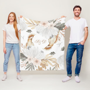 Elegant Monogram Boho Watercolor flowers & Birds Fleece Blanket