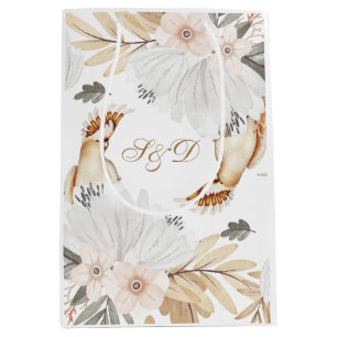 Elegant Monogram Boho Watercolor flowers & Birds Medium Gift Bag
