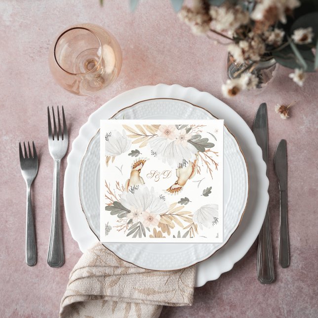Elegant Monogram Boho Watercolor flowers & Birds Napkin (Creator Uploaded)