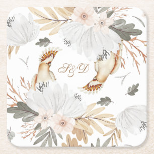 Elegant Monogram Boho Watercolor flowers & Birds Square Paper Coaster