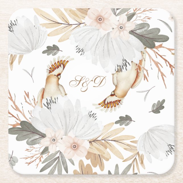 Elegant Monogram Boho Watercolor flowers & Birds Square Paper Coaster (Front)