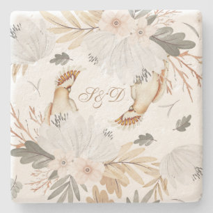 Elegant Monogram Boho Watercolor flowers & Birds Stone Coaster