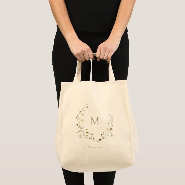 Elegant Monogram Boho Wildflower Wreath Bridesmaid Tote Bag (Front (Product))