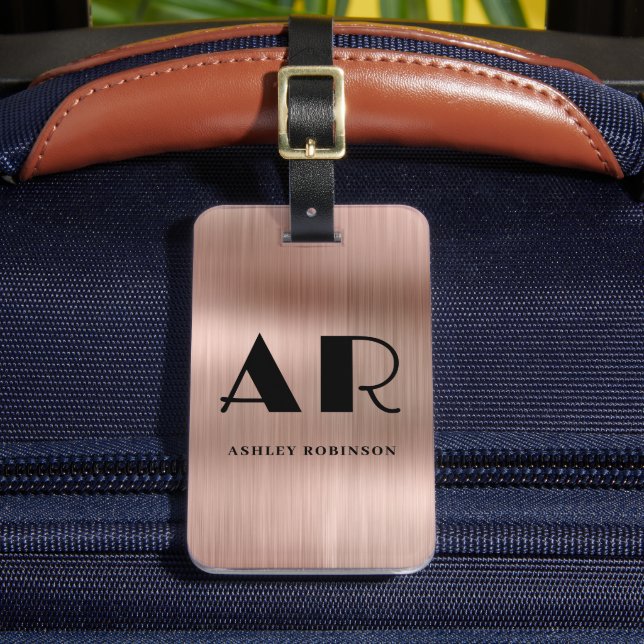 Elegant Monogram Bold Two Initial Rose Gold Metal Luggage Tag (Front Insitu 2)