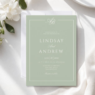 Elegant Monogram Border Green White Wedding Invitation