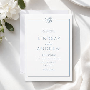 Elegant Monogram Border White Blue Wedding Invitation