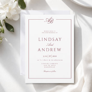 Elegant Monogram Border White Burgundy Wedding Invitation
