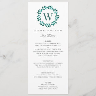 Elegant Monogram Botanical Green Teal Wedding Menu