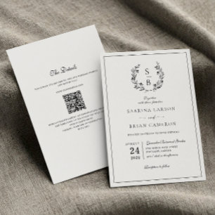 Elegant Monogram Botanical Wreath QR Code Wedding Invitation