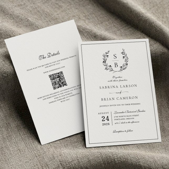 Elegant Monogram Botanical Wreath QR Code Wedding Invitation (Creator Uploaded)