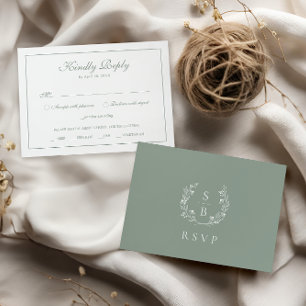 Elegant Monogram Botanical Wreath RSVP Sage Green Enclosure Card