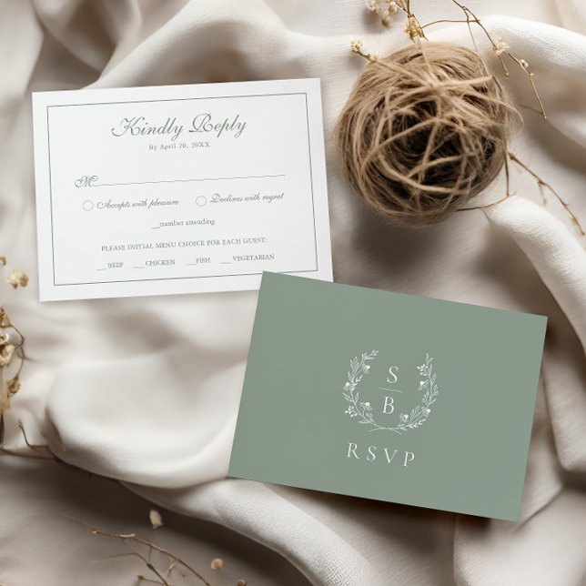 Elegant Monogram Botanical Wreath RSVP Sage Green Enclosure Card (Creator Uploaded)