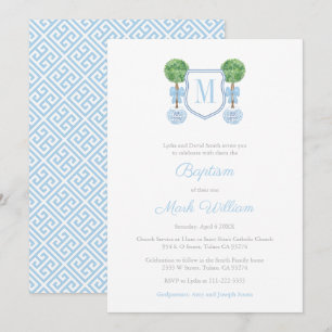 Elegant Monogram Boxwood Boy Baptism Celebration Invitation