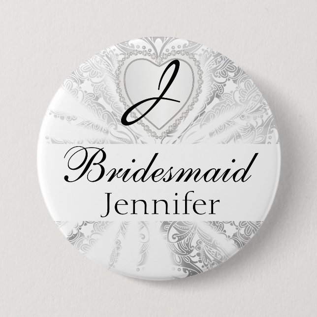 Elegant Monogram Bridal Party White Satin Design 7.5 Cm Round Badge (Front)
