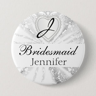 Elegant Monogram Bridal Party White Satin Design 7.5 Cm Round Badge
