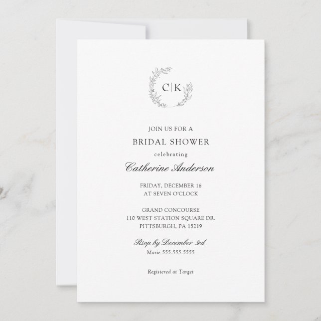 Elegant Monogram Bridal Shower Invitation (Front)