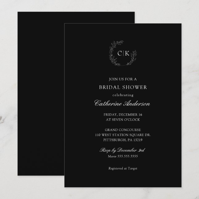 Elegant Monogram Bridal Shower Invitation (Front/Back)