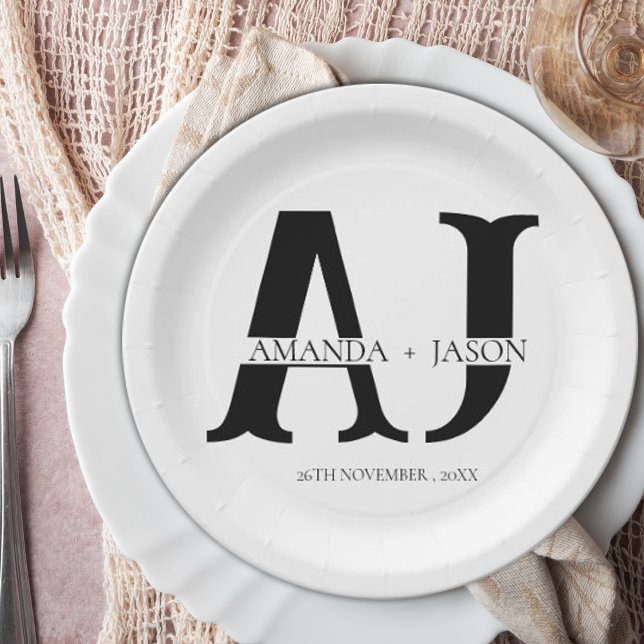 Elegant Monogram Bride Groom Names Wedding Party Paper Plate (Elegant Monogram Bride Groom Names Wedding Party Paper Plates)