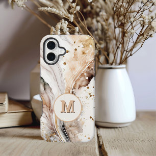 Elegant Monogram Brown Gold Marble Abstract Design iPhone 16 Case