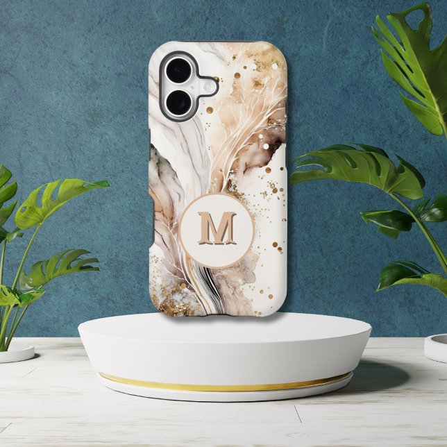 Elegant Monogram Brown Gold Marble Abstract Design iPhone Case (Creator Uploaded)