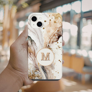 Elegant Monogram Brown Gold Marble Abstract Design iPhone 14 Case