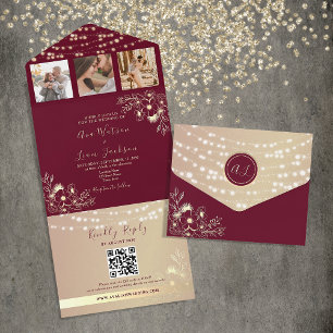 Elegant Monogram Burgundy and Gold Wedding All In One Invitation