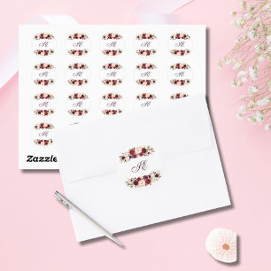 Elegant Monogram Burgundy Blush Rose Floral Wreath Classic Round Sticker