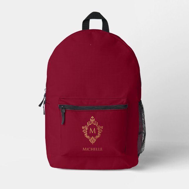 Elegant Monogram Burgundy Faux Gold Crest and Name Printed Backpack (Front)