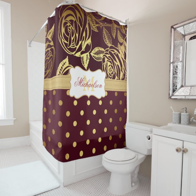 Elegant Monogram Burgundy Gold Rose Polka Dot Shower Curtain (In Situ)