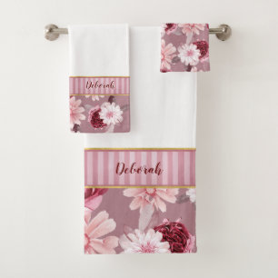 Elegant Monogram Burgundy Pink Floral Stripe  Bath Towel Set
