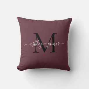 Elegant Monogram Burgundy Script Names Wedding Cushion
