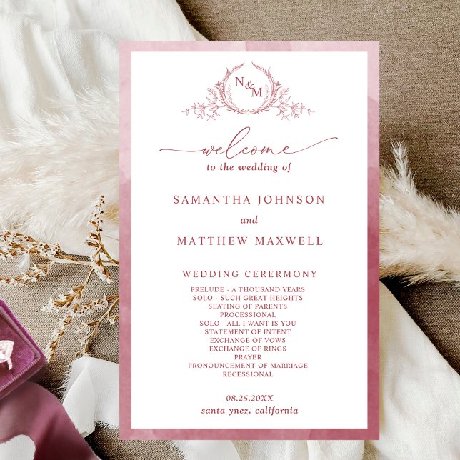 Elegant  Monogram Burgundy Wedding Program (Creator Uploaded)