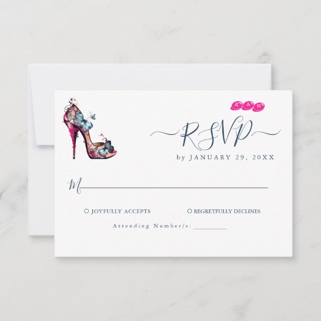 Elegant Monogram Butterfly Heeled-Shoe Wedding RSVP Card (Front)