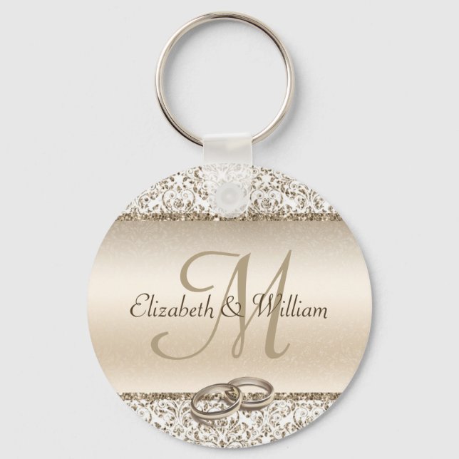 Elegant Monogram Champagne Wedding Favour Key Ring (Front)