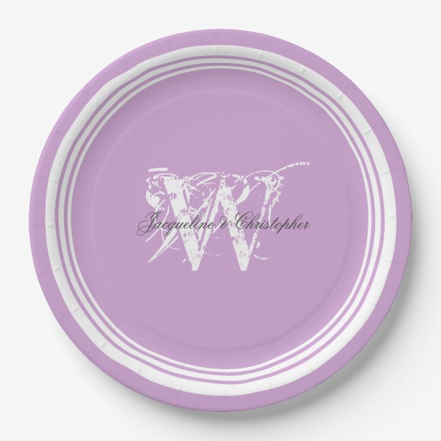 Elegant Monogram Chic Mauve And White Wedding Paper Plate (Front)