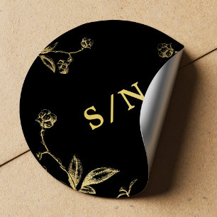 Elegant monogram chic modern gold black wedding classic round sticker