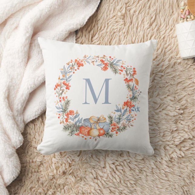Elegant Monogram Christmas Wreath Dusty Blue Cushion (Blanket)