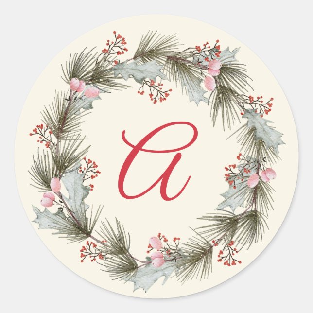 Elegant Monogram Christmas Wreath Family Photo Classic Round Sticker (Front)