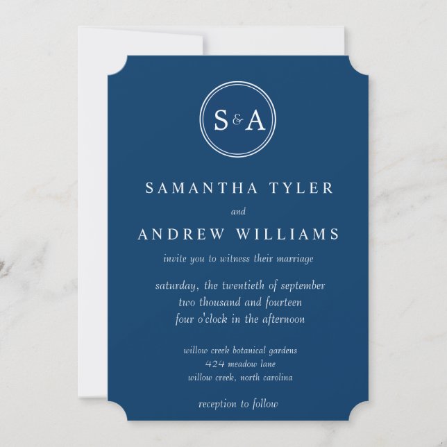 Elegant Monogram Circle Navy Blue Wedding Invitation (Front)