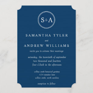 Elegant Monogram Circle Navy Blue Wedding Invitation