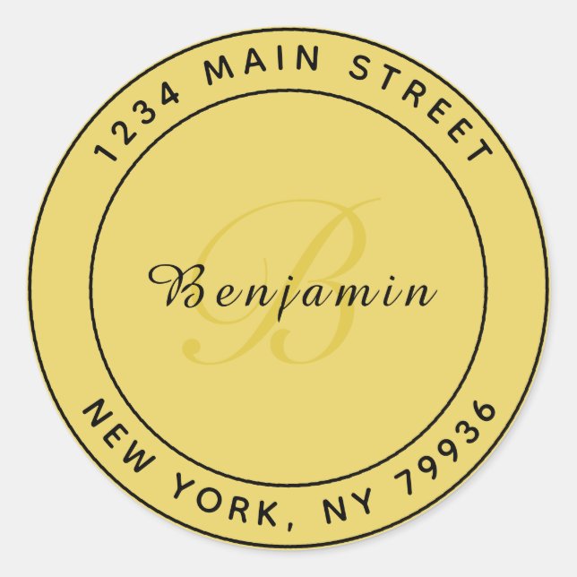Elegant Monogram Circular Return Address Gold Classic Round Sticker (Front)