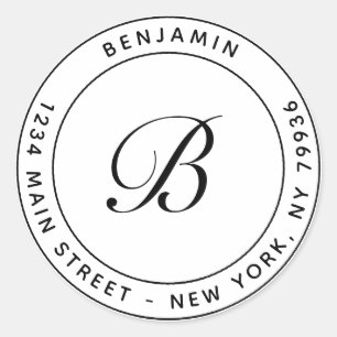Elegant Monogram Circular Return Address White Classic Round Sticker