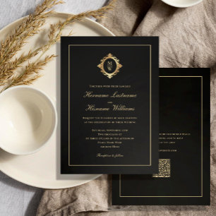 Elegant Monogram Classy Black Gold QR Code Wedding Invitation
