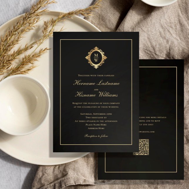 Elegant Monogram Classy Black Gold QR Code Wedding Invitation (Creator Uploaded)
