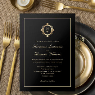 Elegant Monogram Classy Classic Black Gold Wedding Invitation