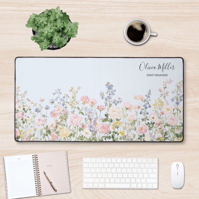 Elegant Monogram Colorful Flower Garden Floral Desk Mat (In situ)