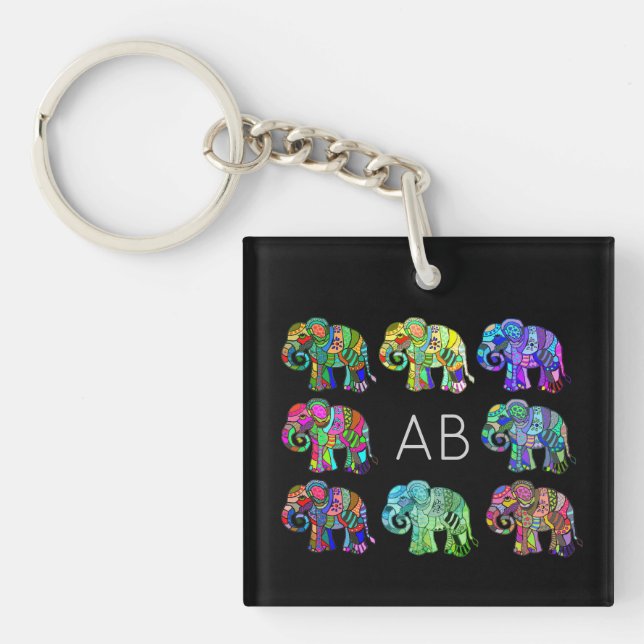 Elegant monogram colourful ornamental elephants key ring (Front)