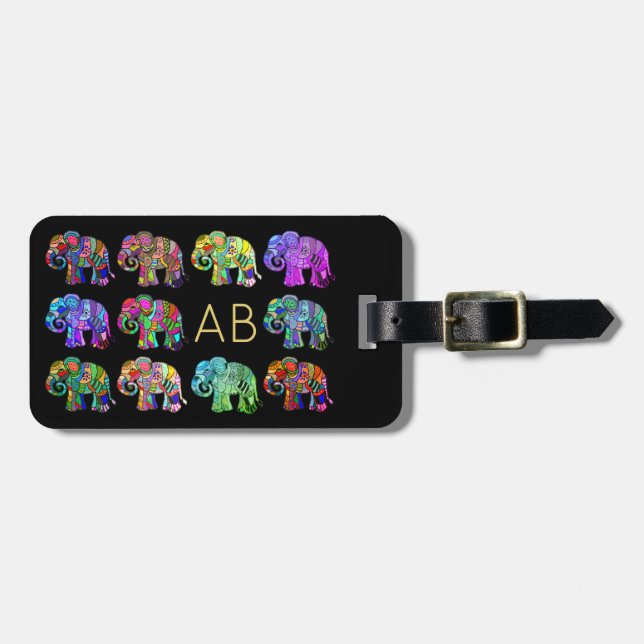 Elegant monogram colourful ornamental elephants luggage tag (Front Horizontal)